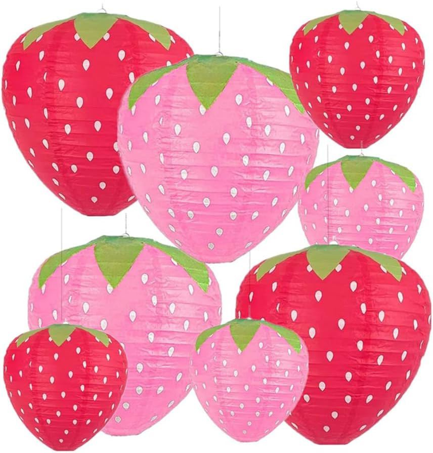 Folding Strawberry Paper Lantern Reusable Hanging Ornament Lamp Cover for Fruit Theme Birthday Party Decoration Supplies (8 and 12 inches;8pcs) | Amazon (US)