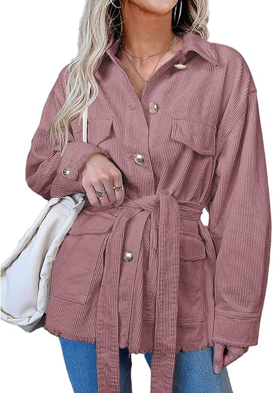 MaQiYa Womens Corduroy Shirts Blouses Tops Belted Long Sleeve Button Down Shackets Jackets with Pock | Amazon (US)