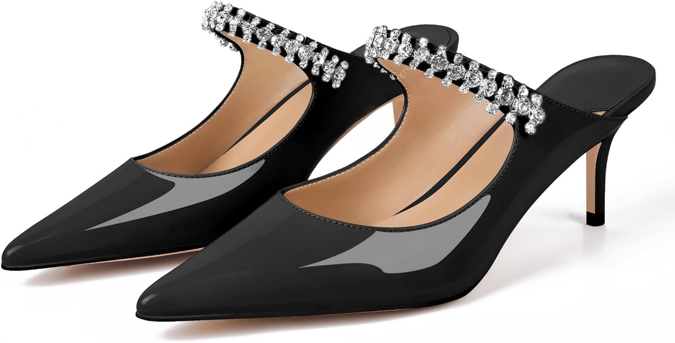 XINIUNIU Heeled Mules for Women Rhinestone Heels Pointed Toe Slip On 2.5 Inch Kitten Stiletto Clo... | Amazon (US)