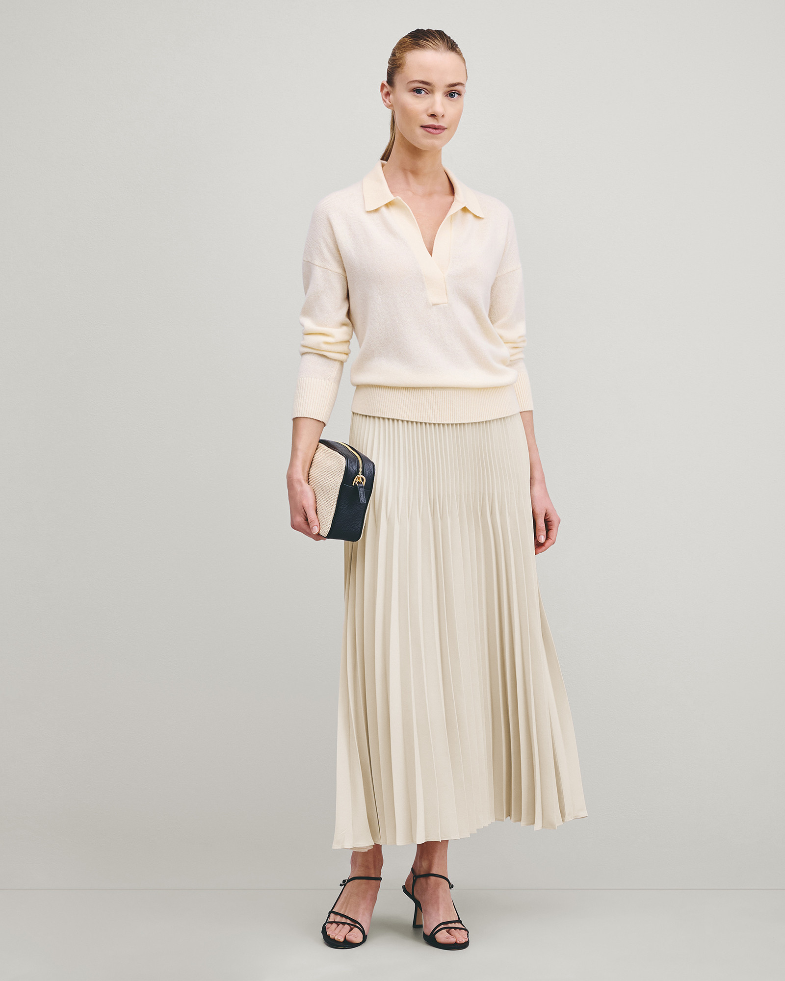 Quince | Women's Pleated Matte Midi Skirt in Porcelain Ivory, Size Medium, 100% Polyester | Quince
