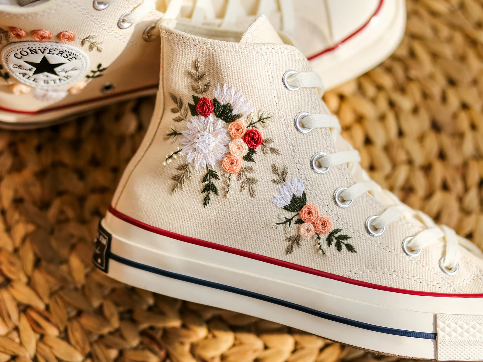 Embroidered Converse Wedding Flowers, Custom Converse High Tops Embroidery Bridal Flowers, Weddin... | Etsy (US)