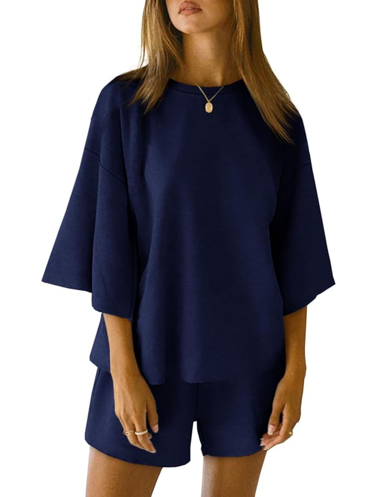 Tankaneo Womens Pajama Sets 3/4 Sleeve Oversized Tops and Elastic Waist Shorts Lounge Sets Lounge... | Amazon (US)