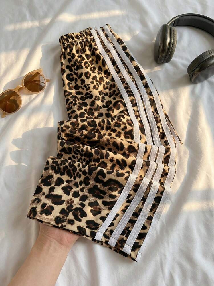 SHEIN Young Girl Mommy Matching Casual All-Match Versatile Commute Daily Vintage American Sporty Leopard Print White Contrast Color Ribbon Bow Loose Straight Leg Pants,Holiday,Summer,Travel | SHEIN