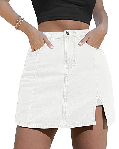 luvamia Skorts Skirts for Women Denim Mini Skirt Side Slit with High Waisted Jean Shorts Stretchy White Skirt Mini Beach Shorts Denim Skorts Woman's Jean Shorts Brilliant White Size Large | Amazon (US)