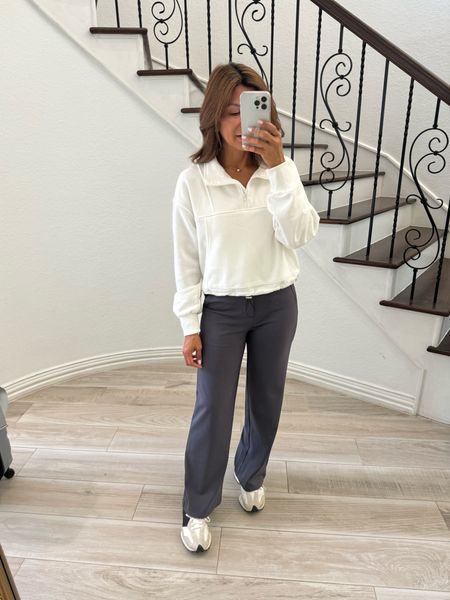 TravelOutfit, work pants.
Pullover sweatshirt in small.
Pants in XS 29” length and I’m 5’2”. Color is Deep Grey. Comes in 4 length options . Look like work pants but there suits pants.
New Balance sneakers fit tts. 
Amazon find.

#LTKtravel #LTKworkwear #LTKfindsunder50