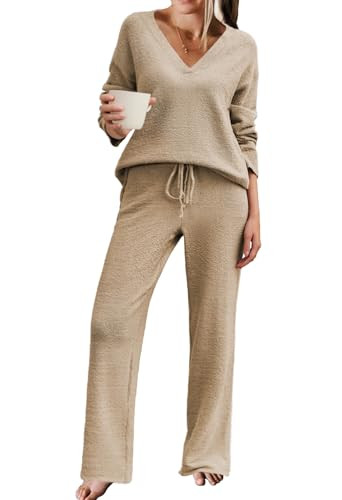 Ekouaer Pajamas for Women 2 Piece Lounge Set Fuzzy Fleece Long Sleeve Pullover Sweater Top Wide Leg Pants Set Outfits Khaki，Large | Amazon (US)