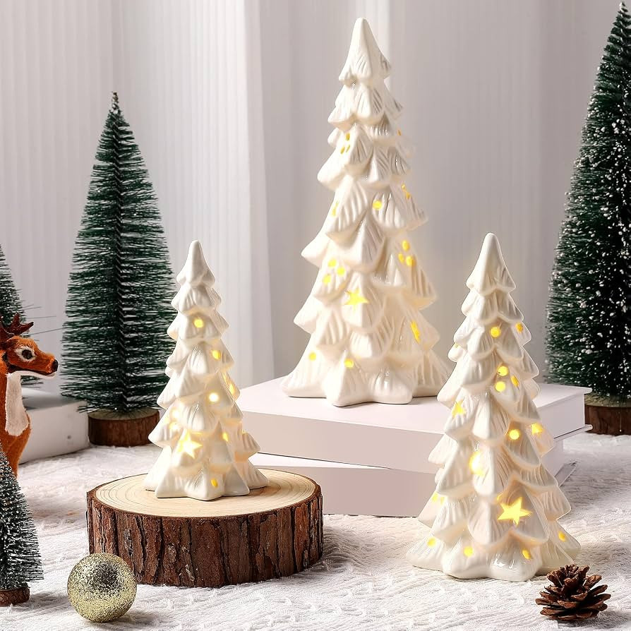 Nuogo 3 Pcs Lighted Ceramic Christmas Tree Decorations White Ceramic Christmas Table Centerpiece ... | Amazon (US)