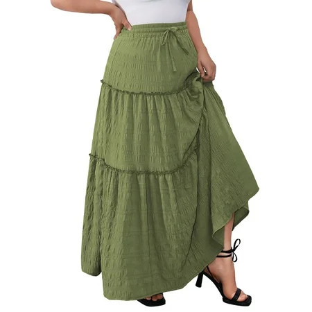 a.Jesdani Women Plus size Long Maxi Skirts Elastic High Waist A Line Ruffle Swing Beach Maxi Skirt L-4x | Walmart (US)