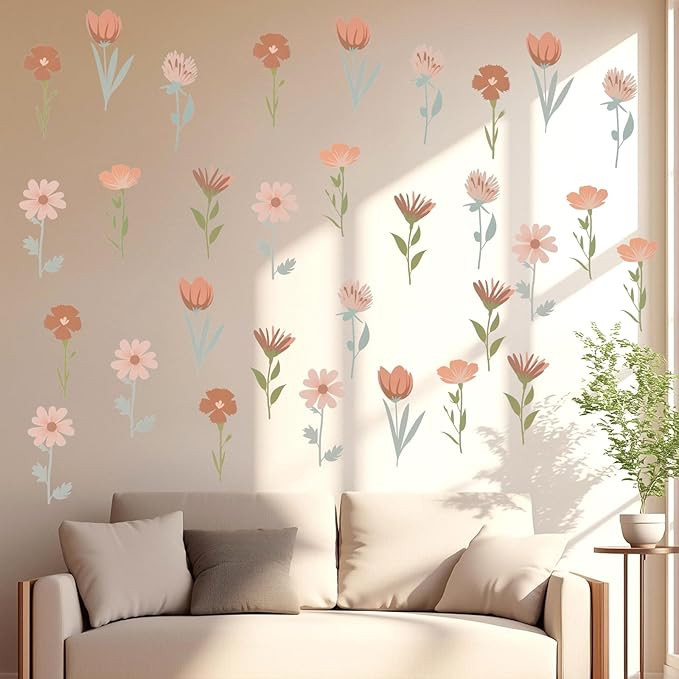 12 Sheets / 72 Pcs Flower Wall Decals Boho Wall Stickers Flowers Home Wall Decor Living Room Peel... | Amazon (US)
