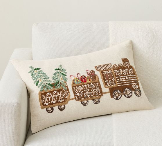 Gingerbread Train Embroidered Lumbar Pillow | Pottery Barn (US)