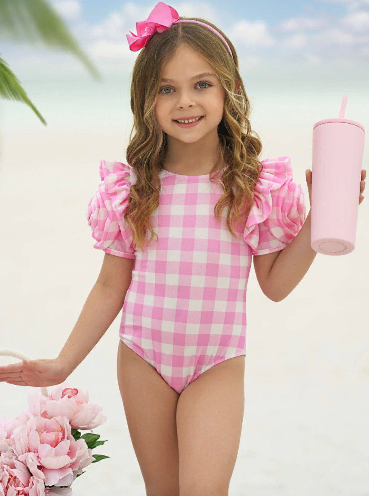 Girly Gingham Rose Shoulder One Piece Swimsuit | Mia Belle Girls