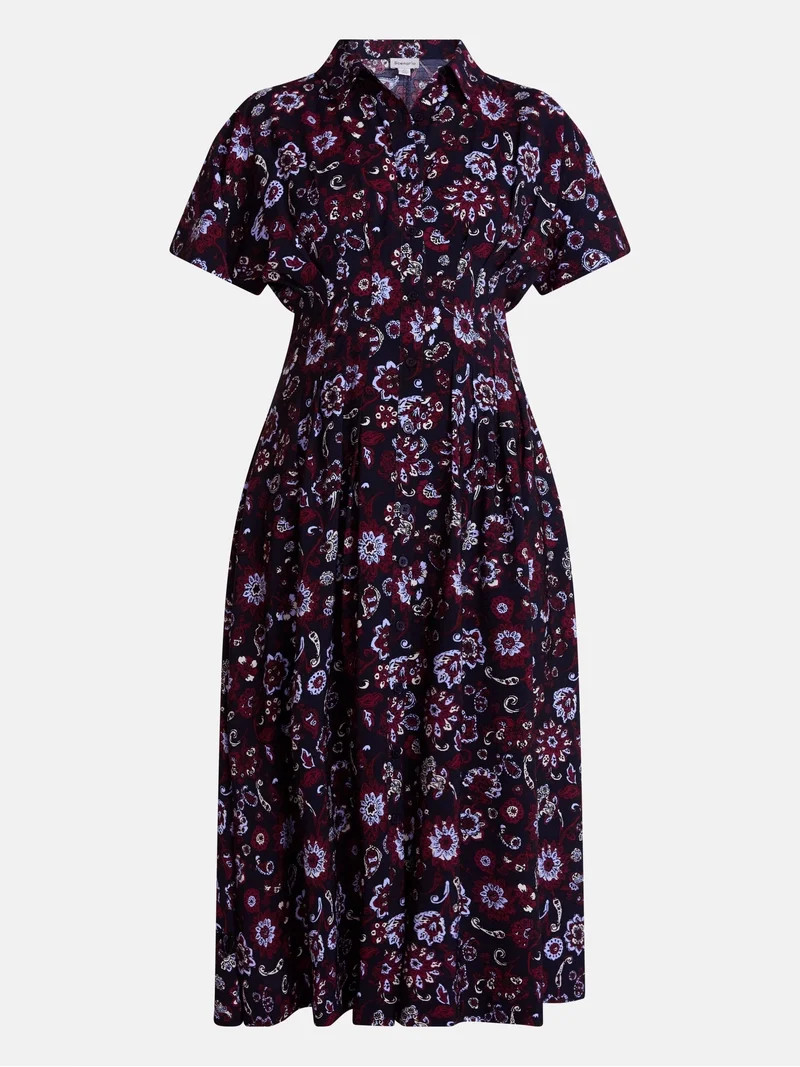 Scenario Women's and Women's Plus Pleated Waist Midi Shirtdress with Short Sleeves, Sizes XS-4X | Walmart (US)
