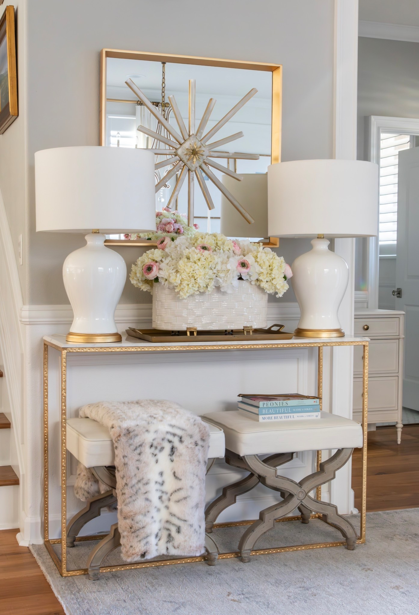Shop my entryway💗 marble console table, white lamps, stools, bench, faux flowers, hydrangeas,throw blanket, starburst mirror, foyer, home decor, sale alert 

#LTKSaleAlert #LTKHome #LTKFindsUnder50