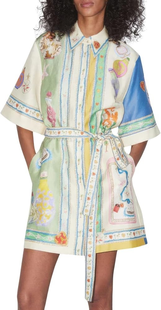 ebossy Women's Floral Print Button-Up Shirt Dress Casual Boho Belted Short Sleeve Linen Dress wit... | Amazon (US)