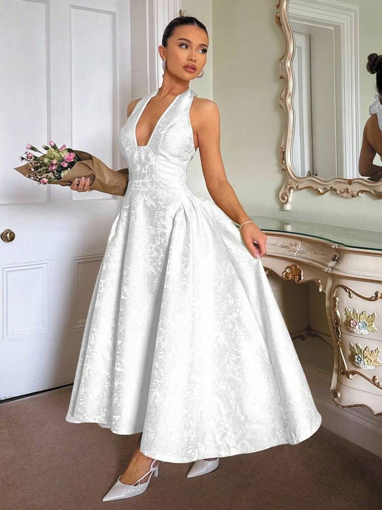 Glamine Vintage 3D Embossed Floral Print V-Neck Sleeveless A-Line Dress For Women White Elegant Dress Elegant White Dress Satin White Dress Elegant Women's Jacquard Satin Halter Tie-Up Party Dress, Fit For Daily Wear, Dating, Outing, Nightclub, Party, Princess Style With Bow Accent, Autumn Dress, Halloween Costume,Summer Dresses For Women,White Graduation Dress,Backless Dress White Evening Gown White Halter Dress White Midi Dress | SHEIN