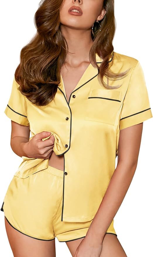 Ekouaer Women's Satin Silk Pajamas Set Short Sleeve Button-Down Pj Set Sleepwear Loungewear Two P... | Amazon (US)