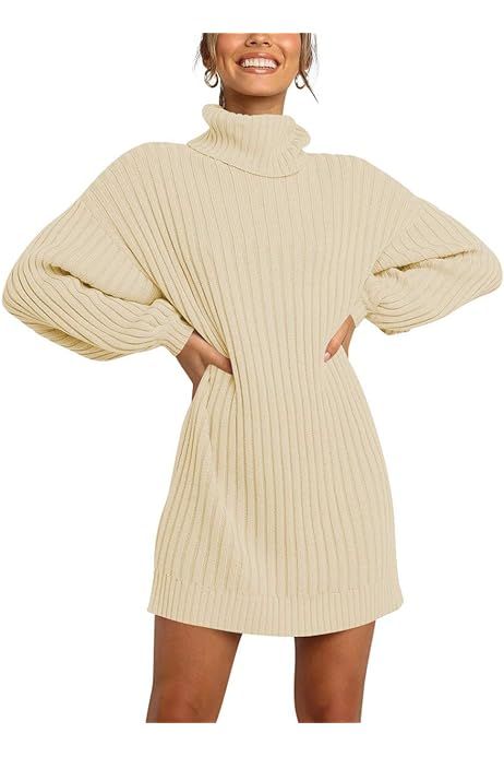 YIBOCK Women's Turtleneck Plaid Side Split Loose Checked Long Pullover Sweater Dress | Amazon (CA)
