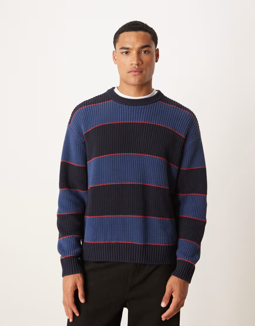 Abercrombie & Fitch knit crew neck fisherman sweater in blue stripes | ASOS (Global)