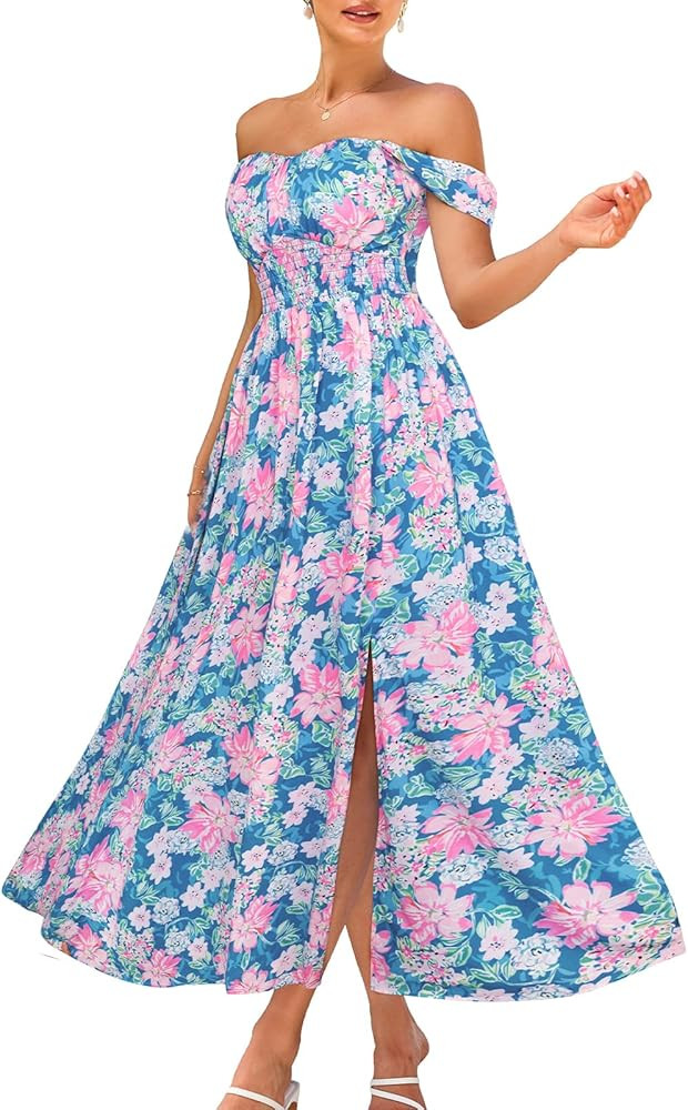 GRACE KARIN 2024 Women's Summer Floral Print Flowy A Line Maxi Dresses Sleeveless Smocked Off Sho... | Amazon (US)