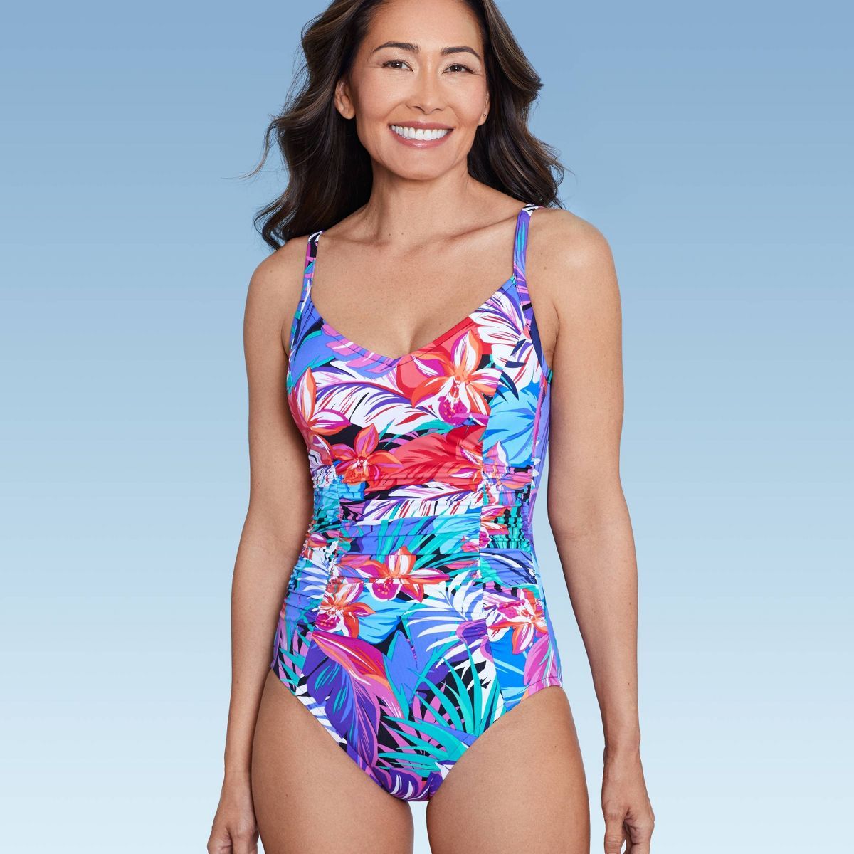 Women's UPF 50 Shirred V-Neck One Piece Swimsuit - Aqua Green® Multi Floral Print M | Target