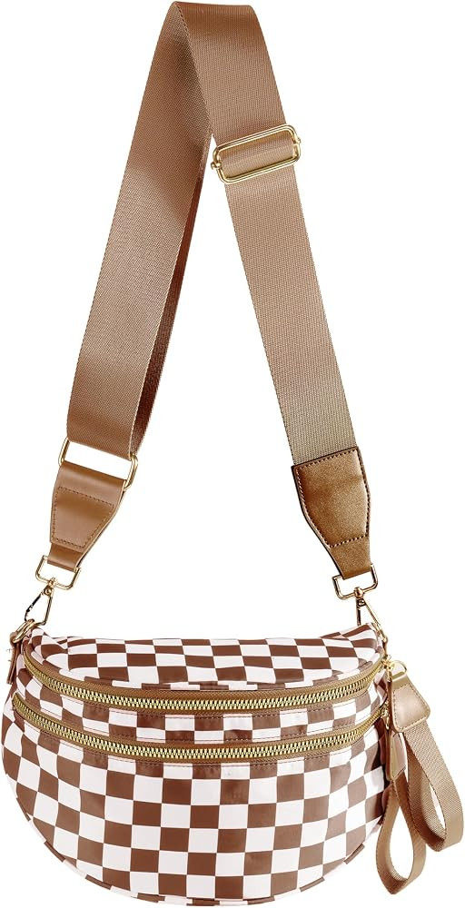 FEIBOON Spacious Checkered Nylon Crossbody Bag Bum Bag Handbags Wallets for Women | Amazon (US)