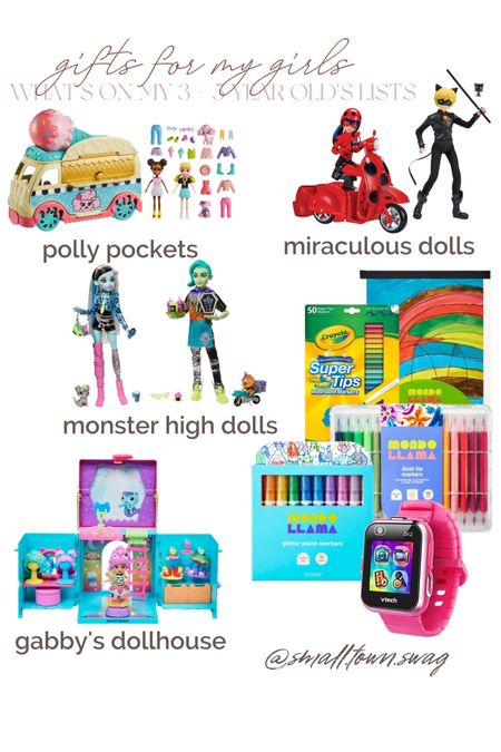 What’s on my 3 + 5 year old girls’ lists…
.
.
.
Gifts for girls // gift guide for girls // gifts for toddlers // gifts for kids // Disney // miraculous ladybug// monster high // art supplies // crayons // markers // mondo llama // Target gifts for kids // Polly pockets // vtech watch // kids smart watch // gabby’s dollhouse // stocking stuffers // tween gifts // Christmas gifts // gift guide // holiday gifting // trade gifts // white elephant // Amazon gifts // bike // Peppa // legos // Duplo legos

#LTKGiftGuide #LTKkids #LTKHoliday
