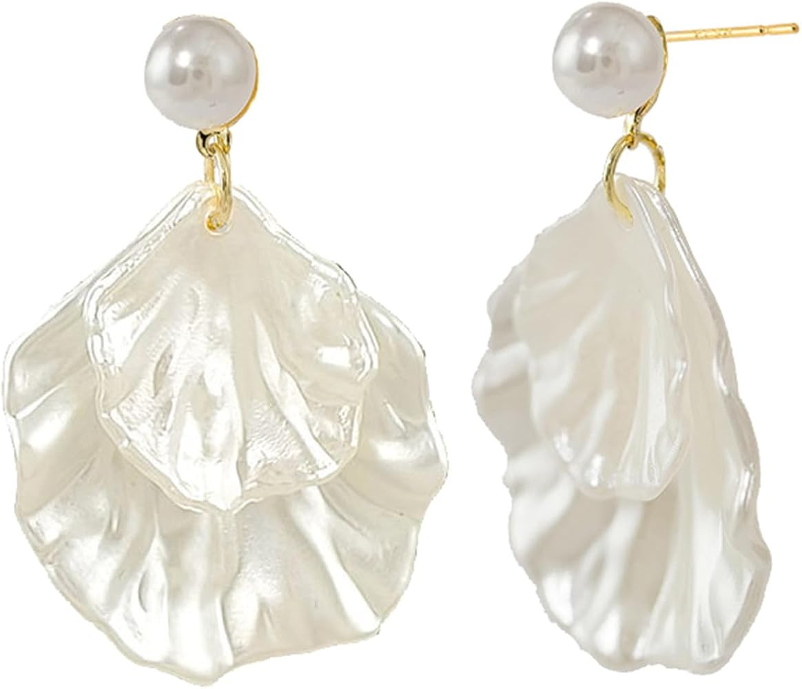 coadipress Seashell Pearl Stud Earrings for Women Dainty Ocean Sea Theme Double Layer Acrylic Cow... | Amazon (US)