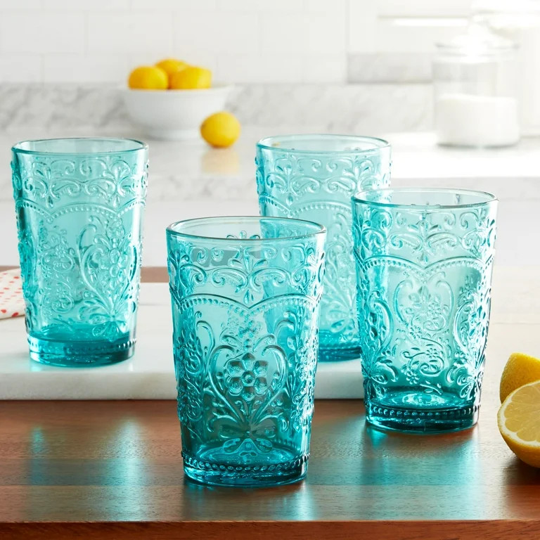 The Pioneer Woman Amelia Teal Glass Tumbler, Teal, Set of 4 | Walmart (US)