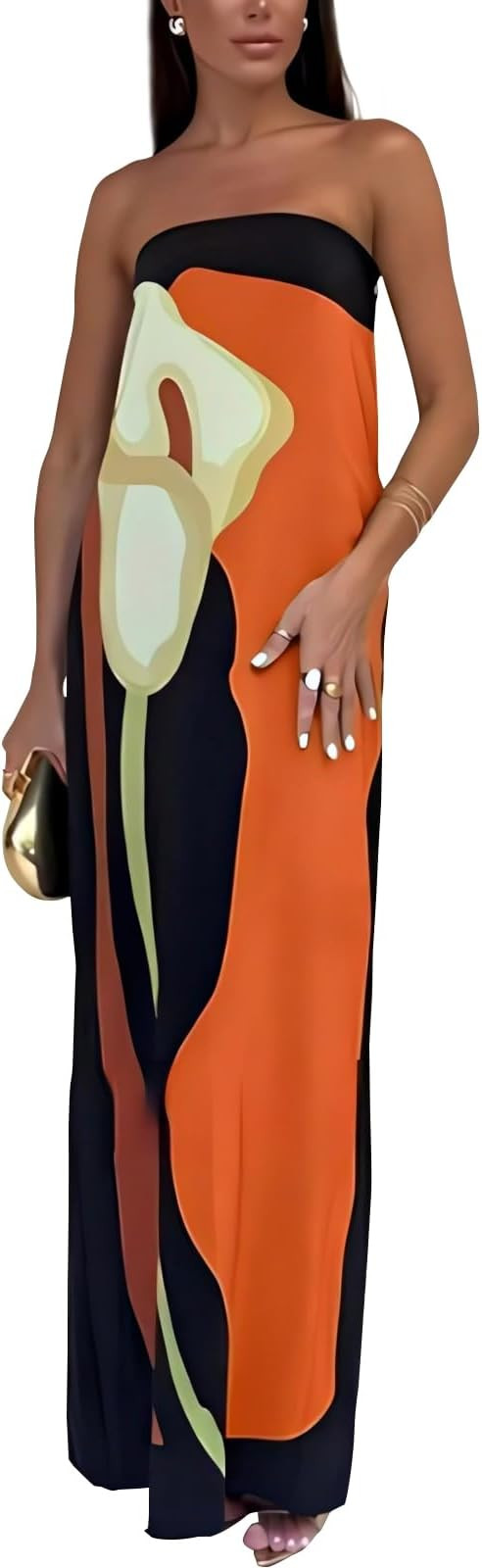 ACOSAP Women Y2k Strapless Maxi Dress Summer Backless Floral Long Tube Dress Off Shoulder Cocktai... | Amazon (US)