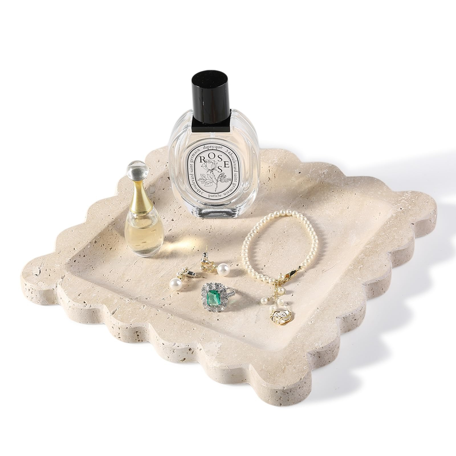 Travertine Decorative Tray, 7.8in Marble Scallop Edge Tray, Square Bathroom Trays for Jewelry Per... | Amazon (US)