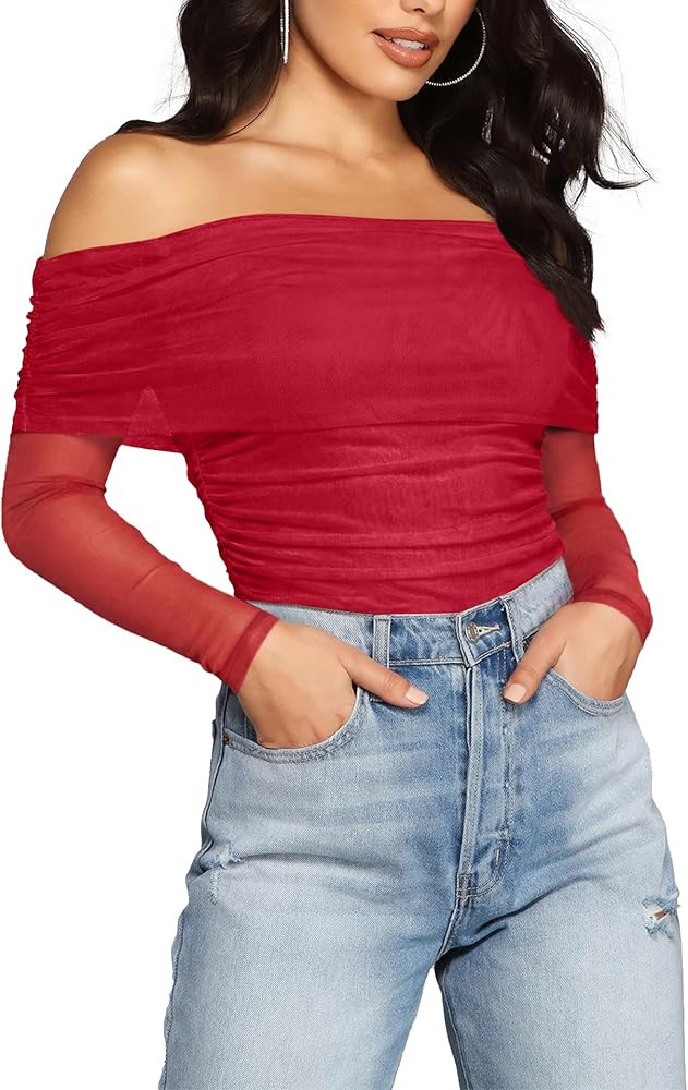 SAUNGKUAI Women's Off The Shoulder Long Sleeve Bodysuit Sexy Slimming Body Suit Tops Sheer Mesh R... | Amazon (US)