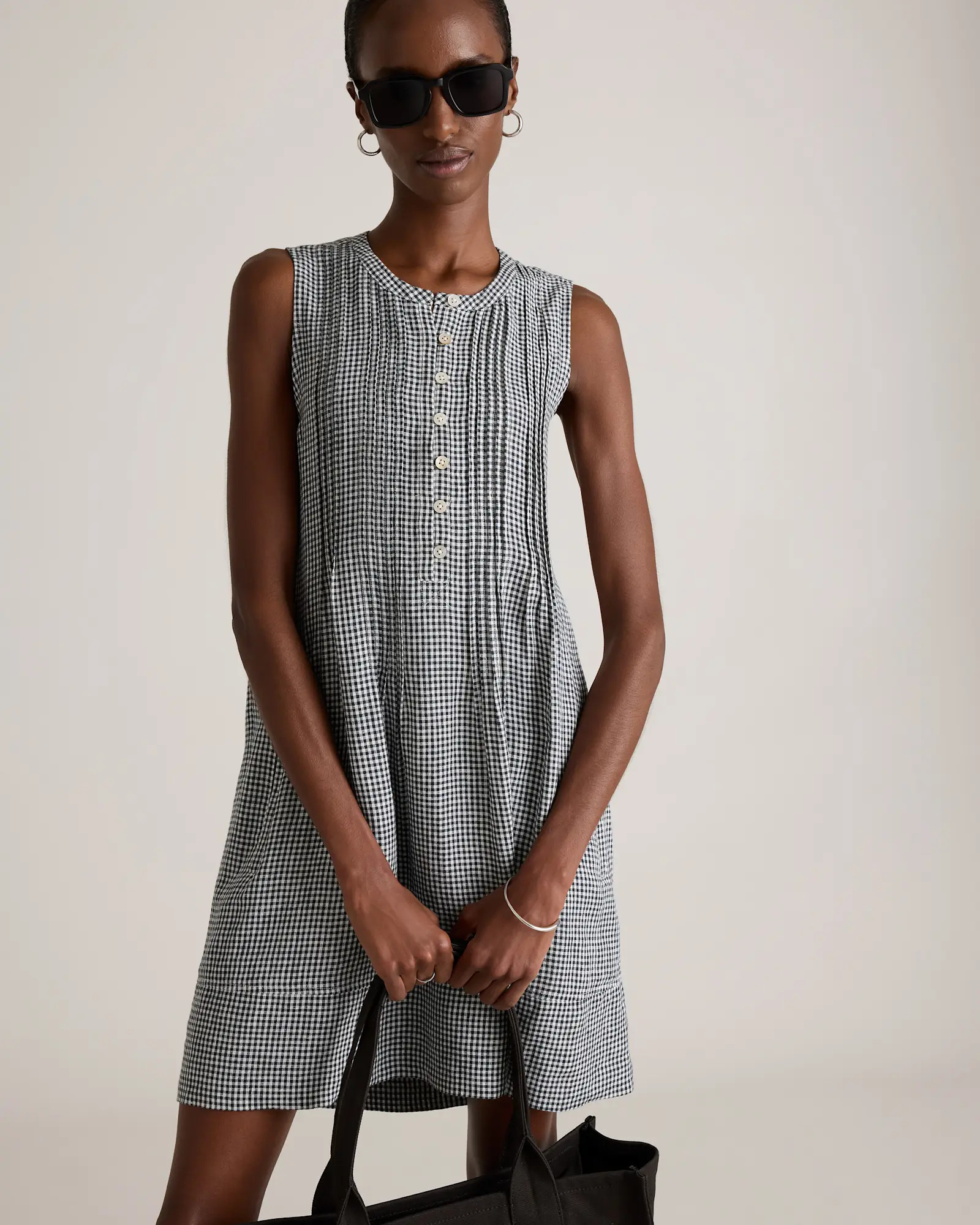 100% European Linen Sleeveless Swing Dress in Classic Mini Gingham | Quince