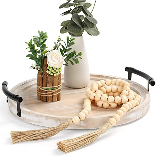 Amazon.com: 13" Round Decorative Wood Tray with Handles, Whitewashed Farmhouse Coffee Table Decor... | Amazon (US)