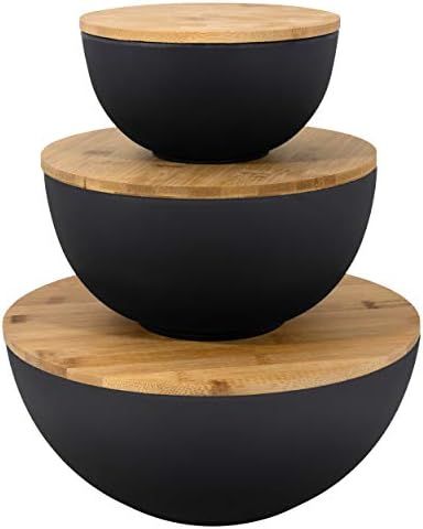 Salad Bowl with Lid - Large Salad Bowl Set of 3 with Wooden Lids, Bamboo Fibre like Melamine Mixi... | Amazon (US)