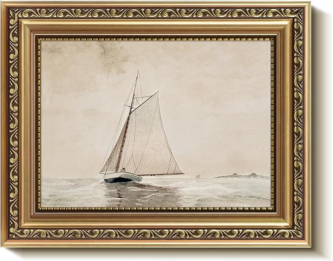 Bzstyleart Gold Framed Vintage Wall Art for Living Room, Sailboat Canvas Wall Art Coastal Paintin... | Amazon (US)