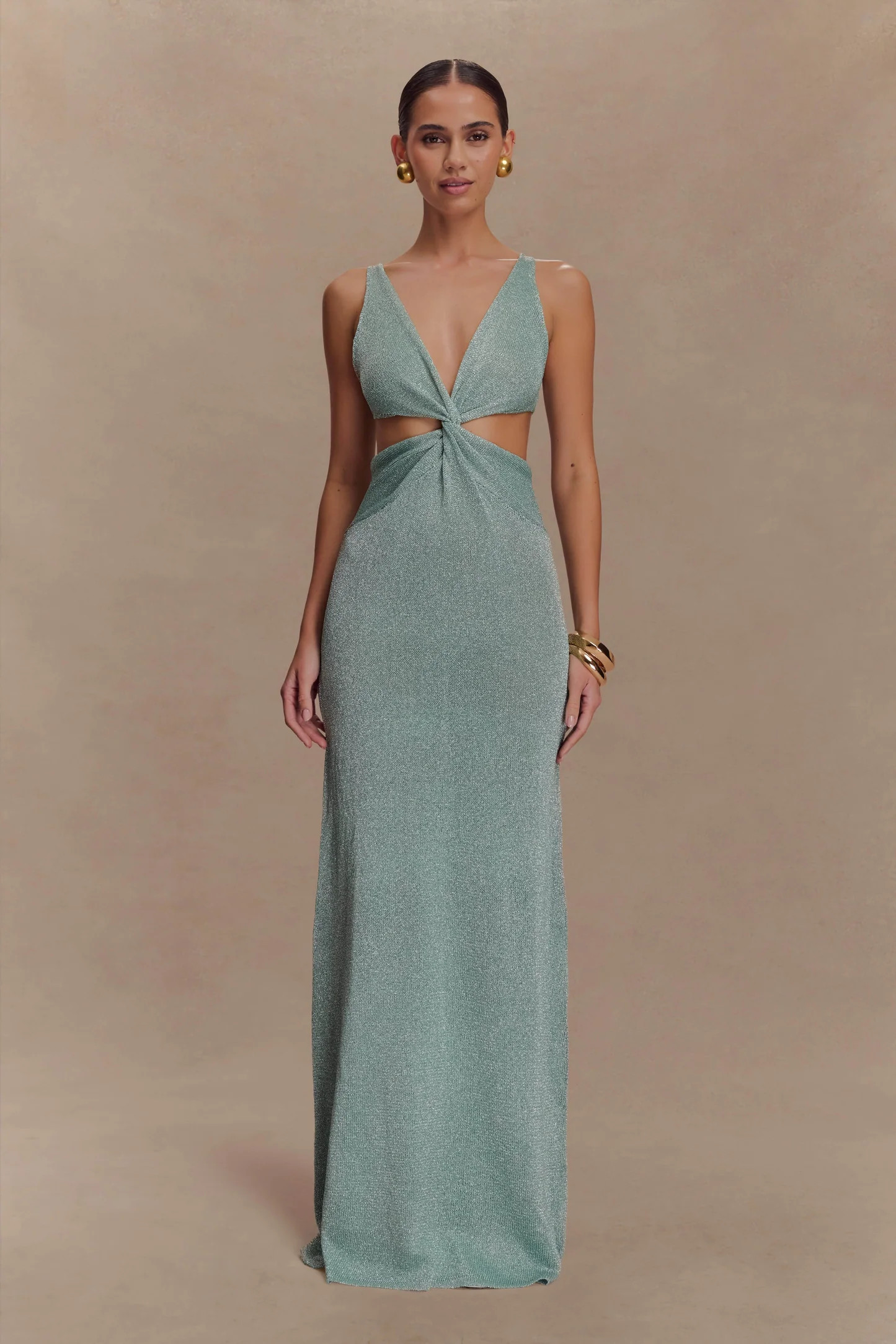 Gracelyn Twisted Metallic Knit Maxi Dress - Aqua | MESHKI US