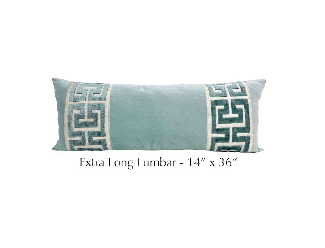 Aqua Mist Long Lumbar Velvet Pillow Cover With Large Greek Key SELECT TRIM COLOR - Etsy | Etsy (US)