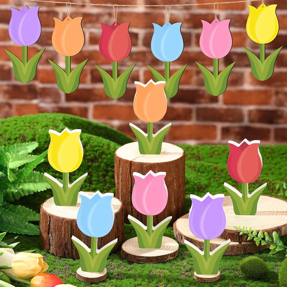 Panelee 30 Pcs Spring Tulip Decor 6 Spring Tiered Tray Decor 24 Wooden Tulip Hanging Ornaments Tu... | Amazon (US)