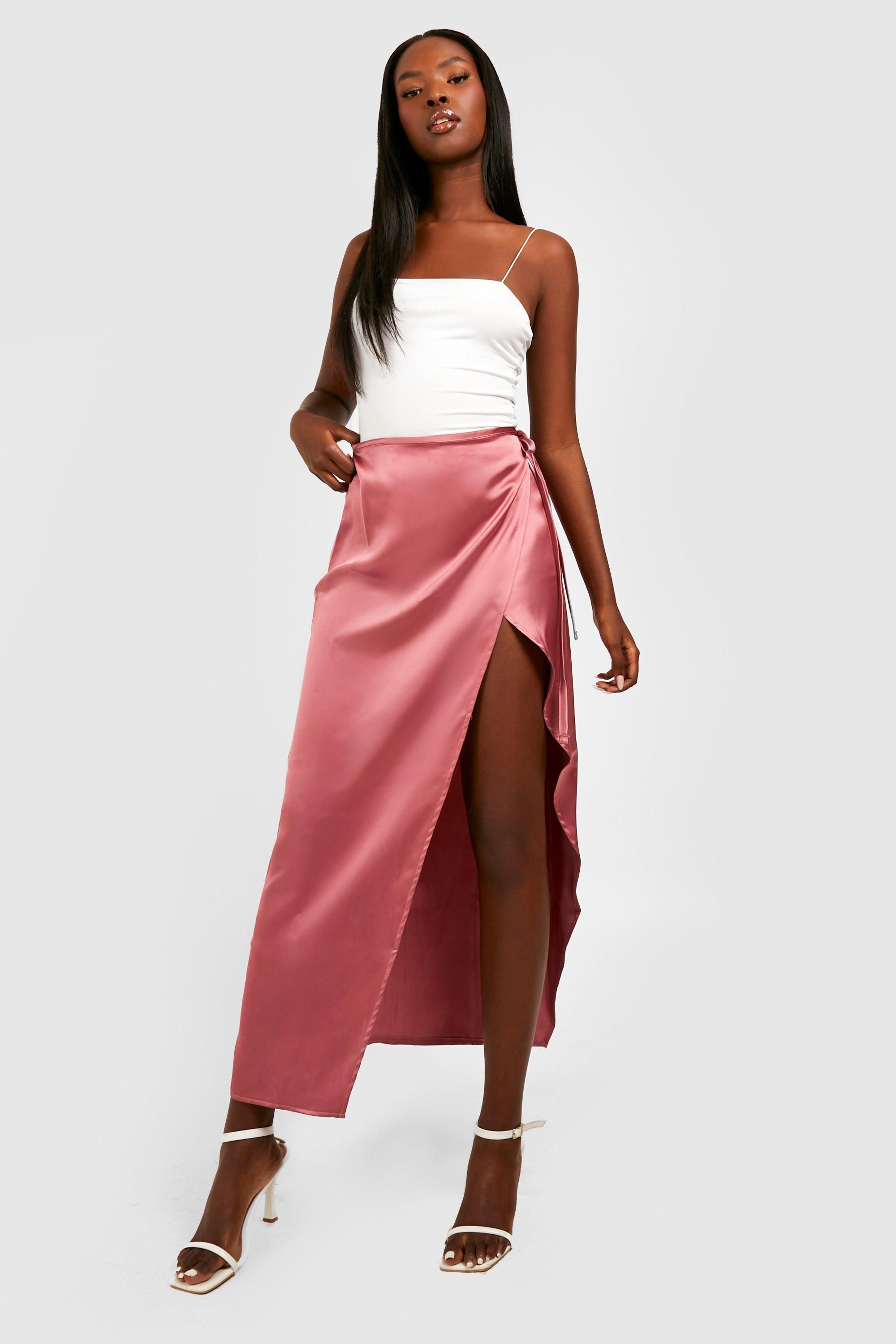 Womens Tie Waist Wrap Satin Midaxi Skirt - Pink - 12 | Boohoo.com (US & CA)