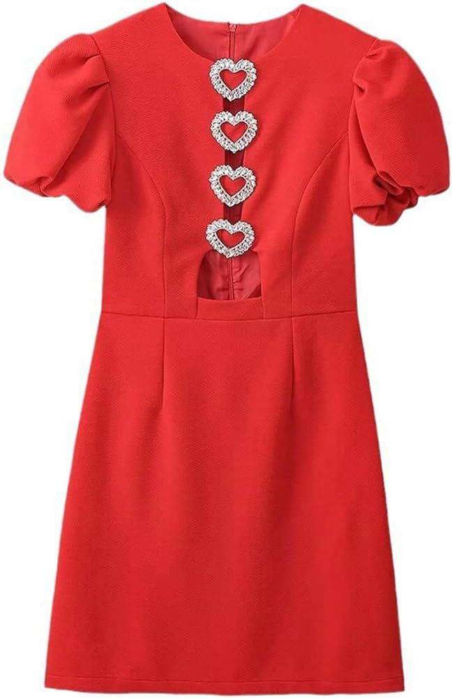 Women's Solid Color Casual Heart Decorated Waist Short Sleeve Dress Dress Clothes for Women | Amazon (US)