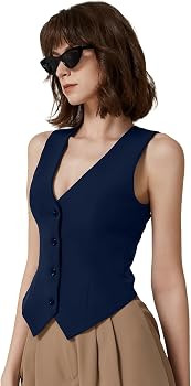 QINSEN Womens V Neck Vest Top Sleeveless Button Down Fully Lined Solid Going Out Crop Tops | Amazon (US)