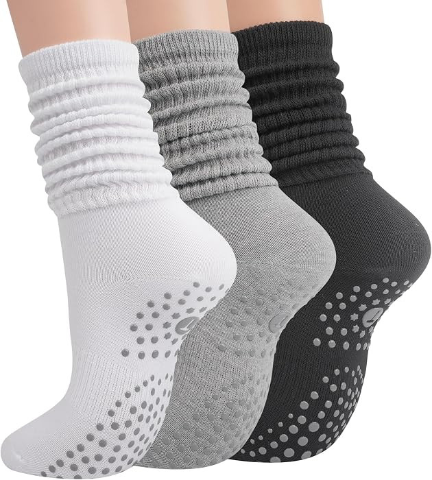 Pilates Socks with Grips for Women, Yoga Barre Slouch Socks 3 Pairs | Amazon (US)