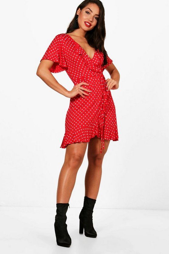 Wrap Polka Dot Print Frill Detail Tea Dress | Boohoo | Boohoo.com (US & CA)