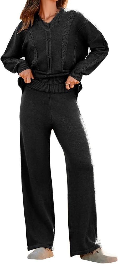 Famulily Womens 2 Piece Outfit Knitted Long Sleeve Sweater Top and Wide Leg Sweater Pant Matching... | Amazon (US)