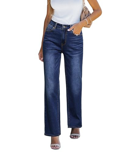 Luvamia High Waisted Plus Size Jeans - Stretchy Straight Leg Dark Blue Denim Pants for Women - Size XXL/20-22 | Amazon (US)