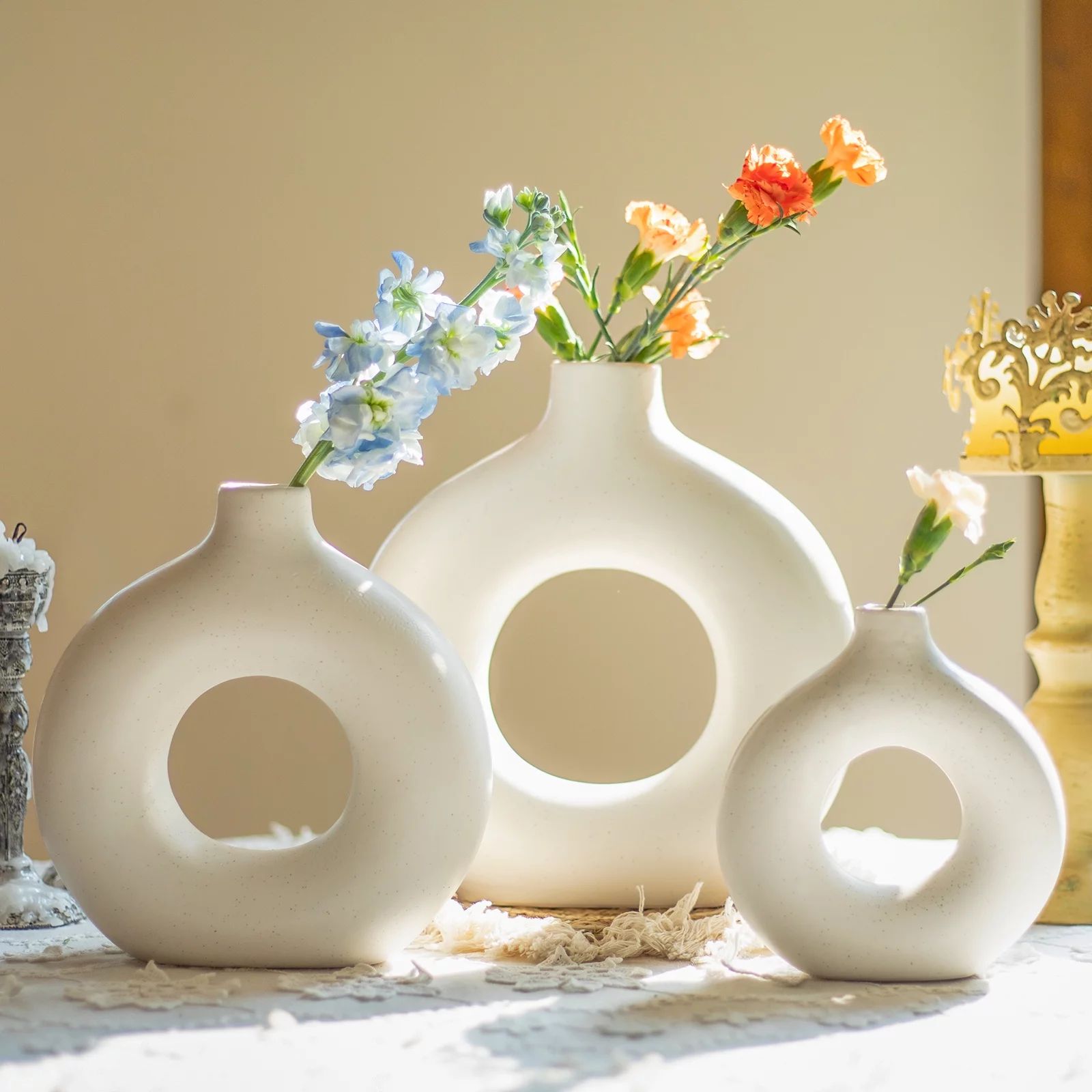 Vase Set of 3 Ceramic Vase Hollow Round Matte Vase for Room Decor | Walmart (US)