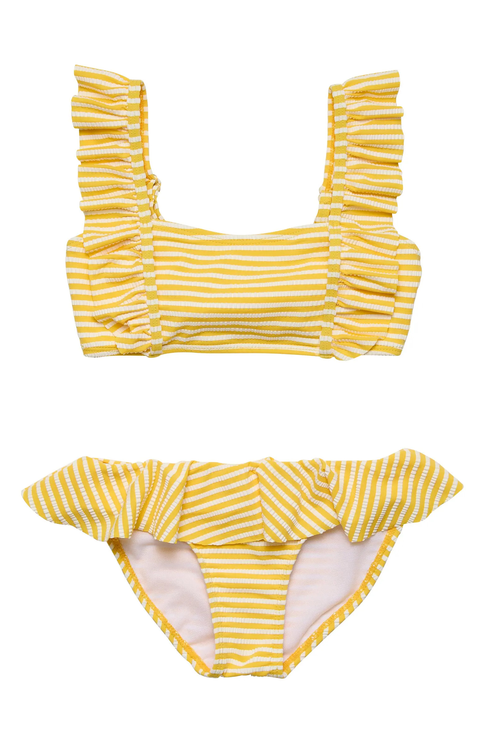 Kids' Sunshine Stripe Frill UPF 50+ Two-Piece Bathing Suit | Nordstrom