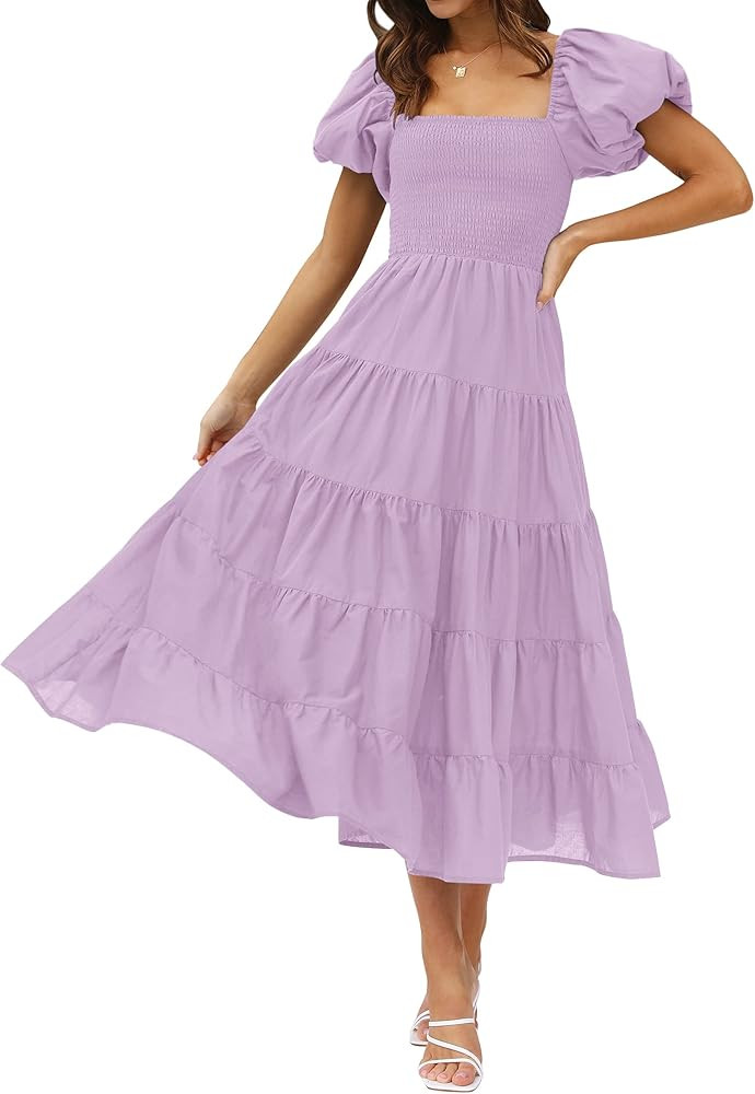 ZESICA Women's 2024 Summer Square Neck Short Puff Sleeve Solid Color High Waist Casual Smocked Fl... | Amazon (US)