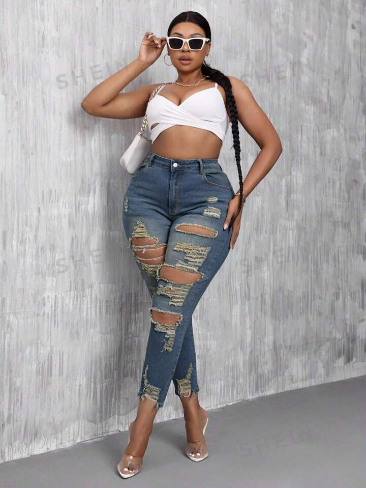 SHEIN SXY Plus Size Women's Fashion High-Waisted Slim Fit Distressed Stretch Skinny Jeans | SHEIN
