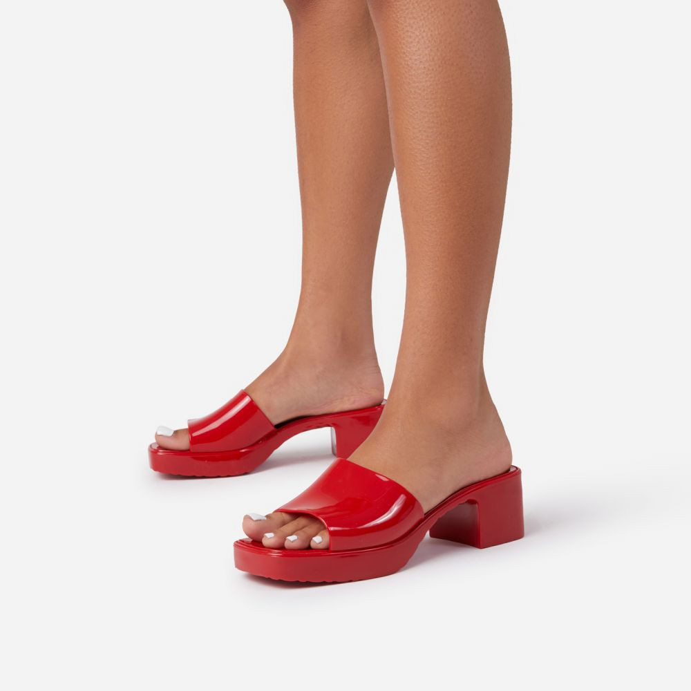 Rhea Square Peep Toe Platform Block Heel Mule In Red Rubber | EGO Shoes (US & Canada)
